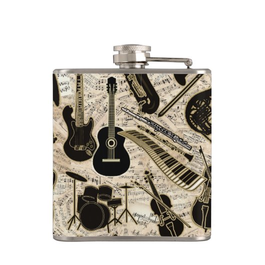 Blad Muziek en instrumenten zwart/goud ID481 Heupfles (Achterkant)