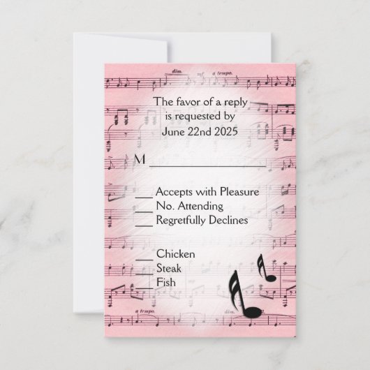 Blad Muziek Roze menu RSVP Keuze (Voorkant)