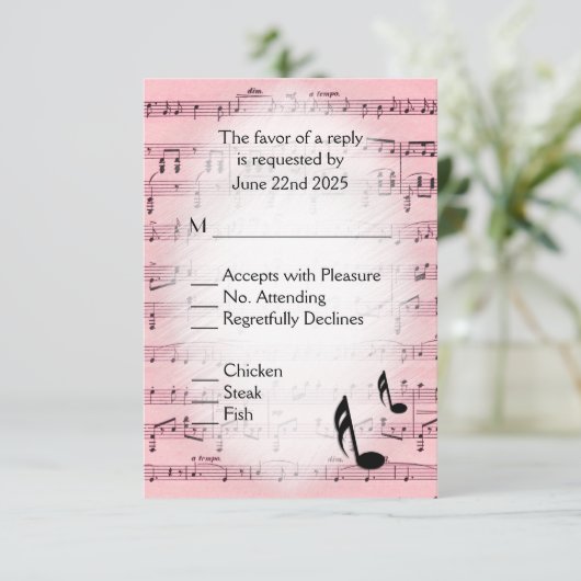 Blad Muziek Roze menu RSVP Keuze (Staand voorkant)