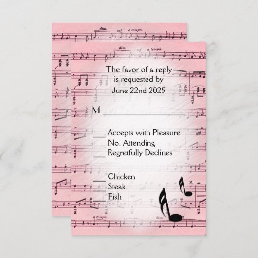 Blad Muziek Roze menu RSVP Keuze (Voorkant / Achterkant)