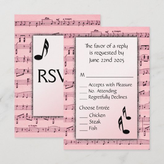 Blad Muziek Roze menu RSVP Keuze (Voorkant / Achterkant)