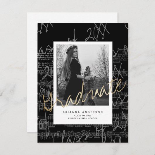 Blad Muziek Zwarte Foto Afstuderen Aankondiging (Voorkant / Achterkant)