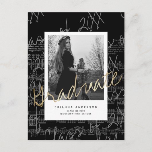 Blad Muziek Zwarte Foto Afstuderen Aankondiging (Voorkant)
