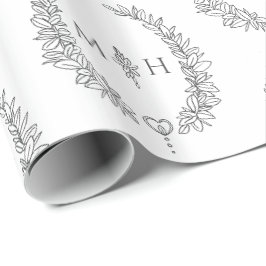 Blad ovaal monogram tekening donkergrijs op wit cadeaupapier