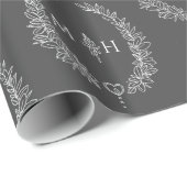 Blad ovaal monogram tekening donkergrijs op wit cadeaupapier (Rol Hoek)