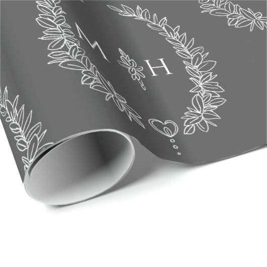 Blad ovaal monogram tekening donkergrijs op wit cadeaupapier (Rol Hoek)