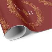 Blad ovaal monogram tekening goud op donkerrood cadeaupapier (Rol Hoek)