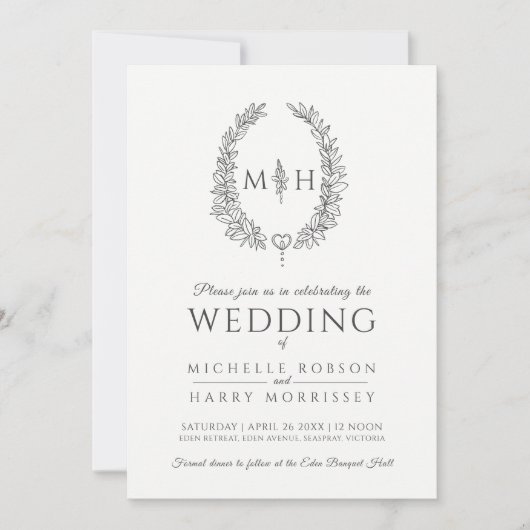 Blad ovale krans bruiloft houtskool grijs wit foto kaart (Voorkant)