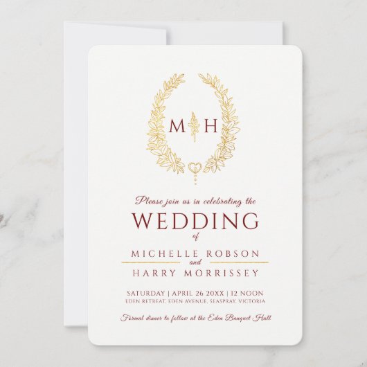 Blad ovale lijn art bruiloft bordeaux rood goud kaart (Voorkant)