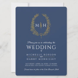 Blad ovale lijn art bruiloft goud marine blauw wit kaart