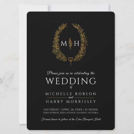 Blad ovale lijn art bruiloft goud zwart en wit kaart (Voorkant)