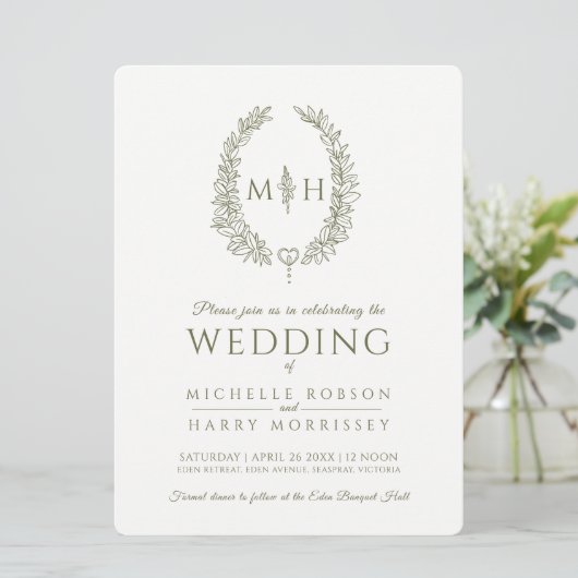 Blad ovale lijn art bruiloft olijfgroen en wit kaart (Staand voorkant)