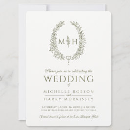 Blad ovale lijn art bruiloft olijfgroen en wit kaart