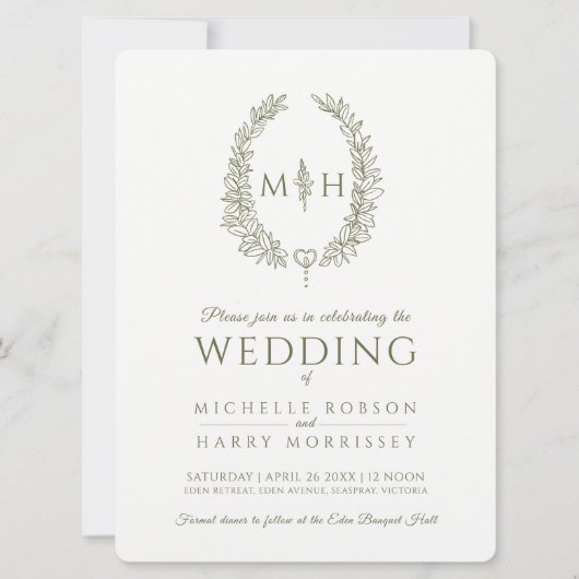 Blad ovale lijn art bruiloft olijfgroen en wit kaart (Voorkant)