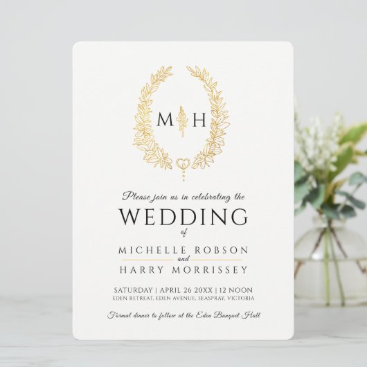 Blad ovale lijn art bruiloft zwart en goud op wit kaart (Staand voorkant)