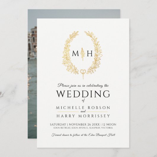 Blad ovale lijn art bruiloft zwart en goud op wit kaart (Voorkant / Achterkant)