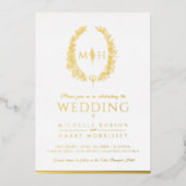 Blad ovale lijn kunst bruiloft wit goud folie folie uitnodiging (Voorkant)