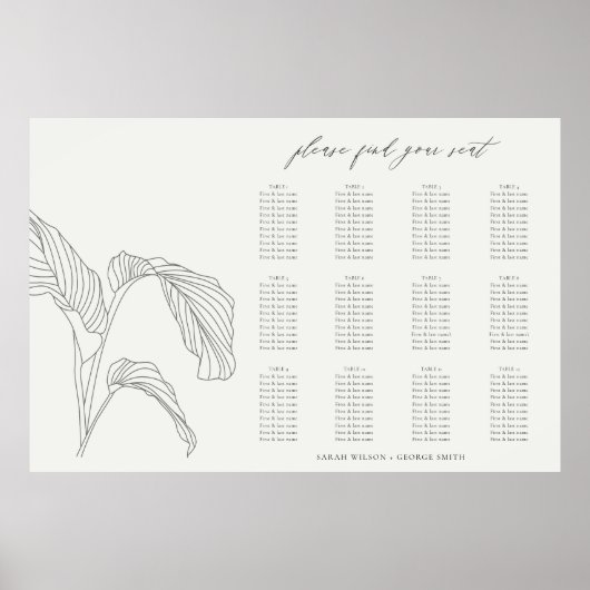 Blad Palm Schets Zwart Wit Bruiloft Zitkaarten Poster (Voorkant)