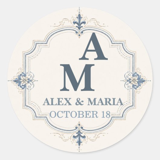 Blad:Persoonlijk Stof Blauw Monogram Trouw Ronde Sticker (Voorkant)