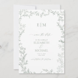 Blad Sage Groen Elegant Monogram Save the Date Kaart