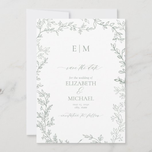 Blad Sage Groen Elegant Monogram Save the Date Kaart (Voorkant)