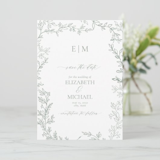 Blad Sage Groen Elegant Monogram Save the Date Kaart (Staand voorkant)