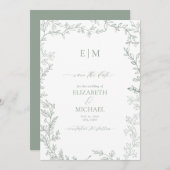 Blad Sage Groen Elegant Monogram Save the Date Kaart (Voorkant / Achterkant)