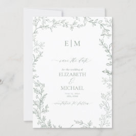 Blad Sage Groen Elegant Monogram Save the Date Kaart
