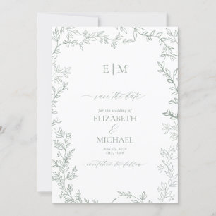 Blad Sage Groen Elegant Monogram Save the Date Kaart