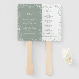 Blad Sage Groen Elegant Monogram Trouwprogramma Handwaaier