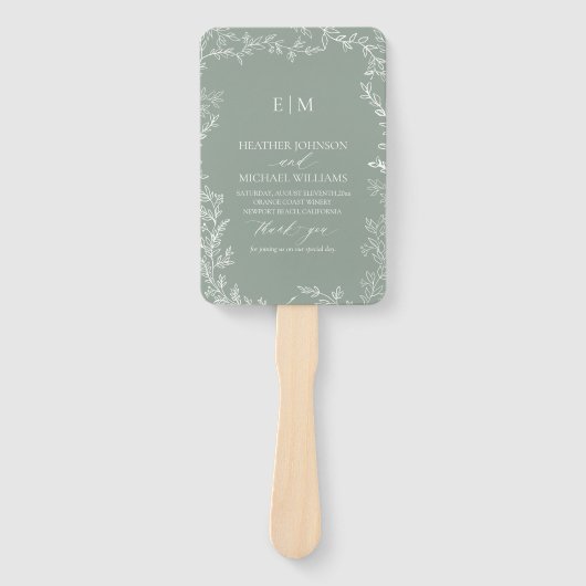 Blad Sage Groen Elegant Monogram Trouwprogramma Handwaaier (Voorkant)