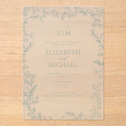 Blad Sage Groen Monogram Post Bruiloft Brunch Acryl Uitnodigingen (Voorkant)