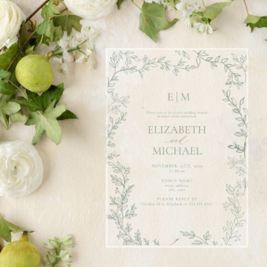 Blad Sage Groen Monogram Post Bruiloft Brunch Acryl Uitnodigingen