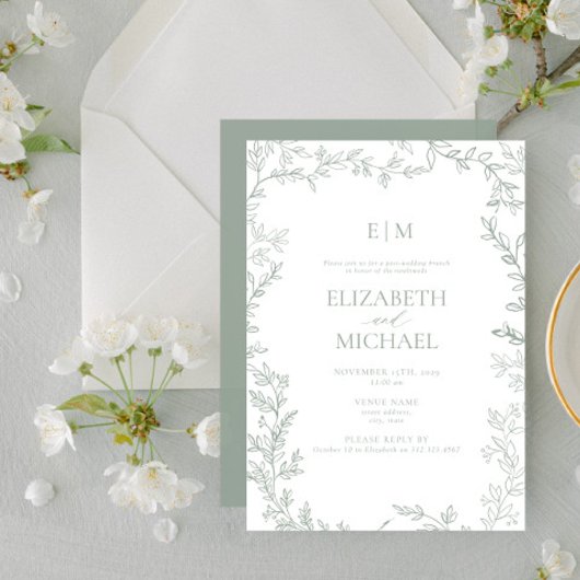 Blad Sage Groen Monogram Post Bruiloft Brunch Kaart
