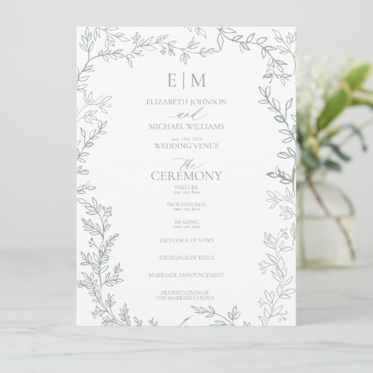 Blad Salie Groen Elegant Monogram Bruiloft Programmakaart (Staand voorkant)