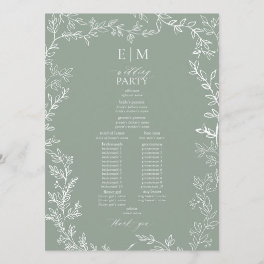 Blad Salie Groen Elegant Monogram Bruiloft Programmakaart (Achterkant)