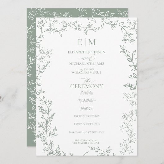 Blad Salie Groen Elegant Monogram Bruiloft Programmakaart (Voorkant / Achterkant)