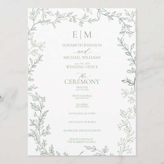 Blad Salie Groen Elegant Monogram Bruiloft Programmakaart (Voorkant)