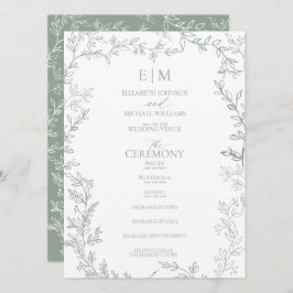 Blad Salie Groen Elegant Monogram Bruiloft Programmakaart