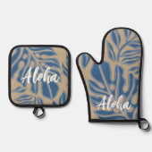 Blad Tiki Indigo Blauw Hawaïaans Tropisch Ovenwant & Pannenlap Set (Voorkant)