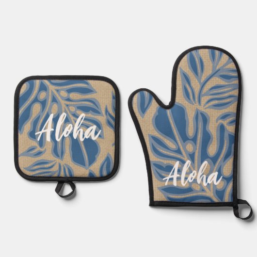 Blad Tiki Indigo Blauw Hawaïaans Tropisch Ovenwant & Pannenlap Set (Voorkant)