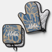 Blad Tiki Indigo Blauw Hawaïaans Tropisch Ovenwant & Pannenlap Set (Voorkant / Achterkant)