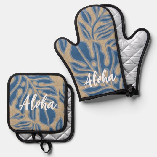 Blad Tiki Indigo Blauw Hawaïaans Tropisch Ovenwant & Pannenlap Set (Voorkant / Achterkant)