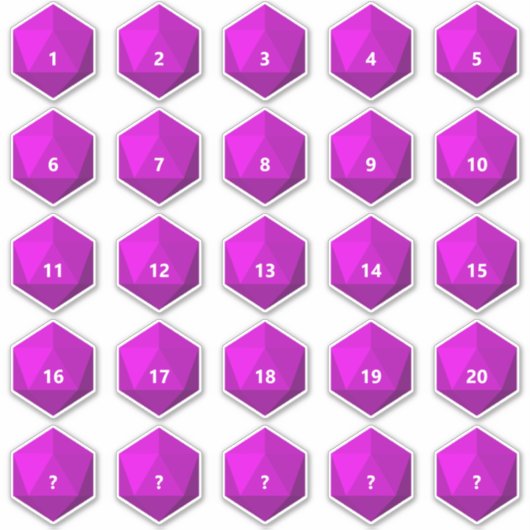 Blad van 25 Aangepaste Tekst D20 Die | Sjabloon ma Sticker (Voorkant)