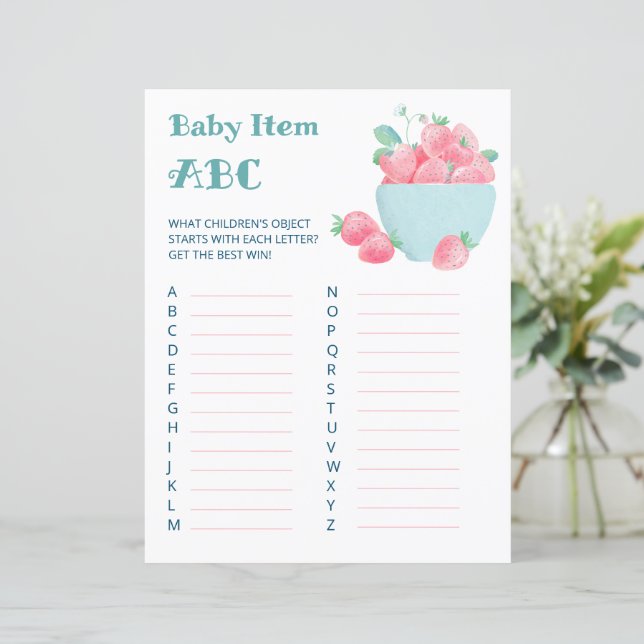 Blad van baby shower spel schattige aardbeien. (Staand voorkant)