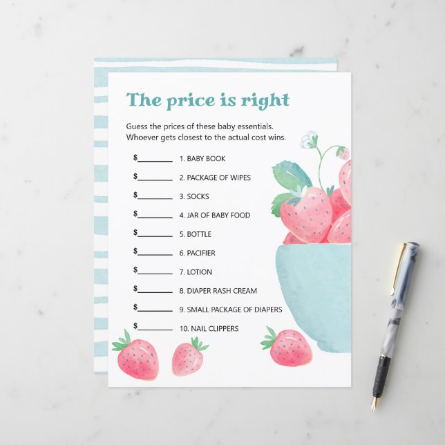 Blad van baby shower spel schattige aardbeien. (Voorkant / Achterkant in situ)