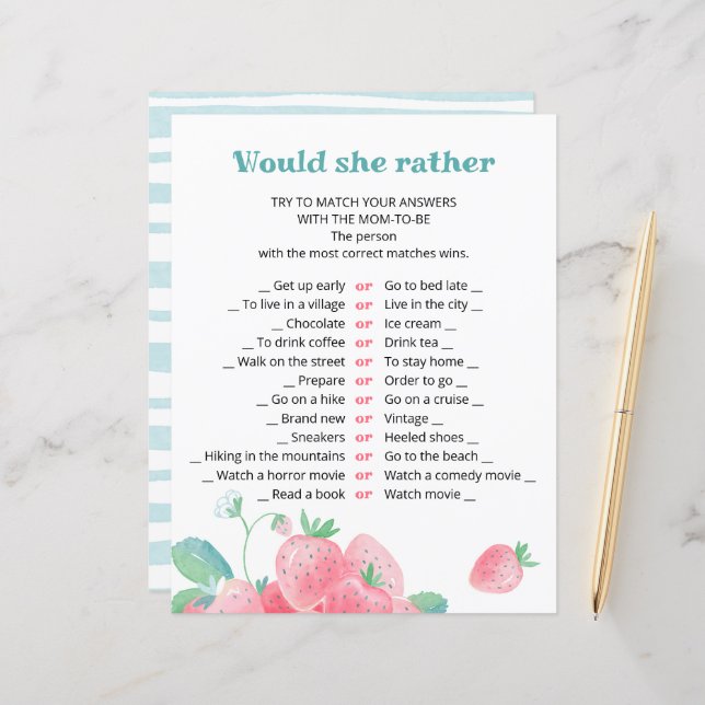 Blad van baby shower spel schattige aardbeien. (Voorkant / Achterkant in situ)