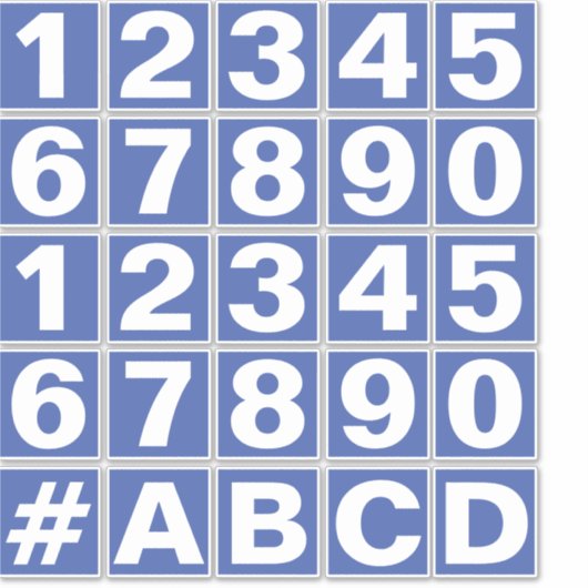 Blad van nummers in blauwe en witte stickers (Voorkant)