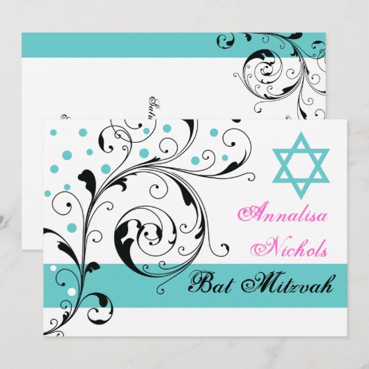 Blad zwart, wit, aqua & Davidster Kaart (Voorkant / Achterkant)