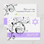 Bladbladglad wit paarse & Davidster RSVP Kaartje (Voorkant / Achterkant)